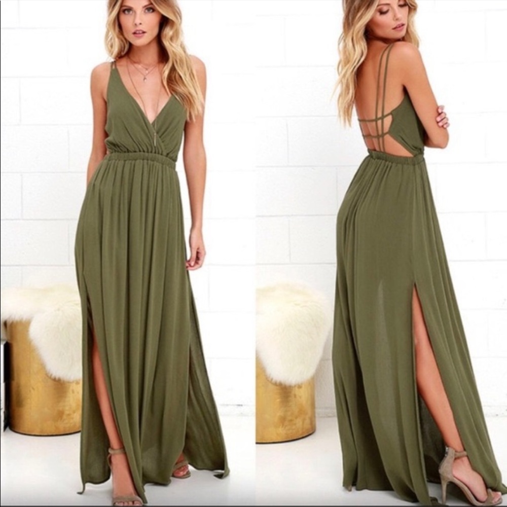 Lulu’s Lost in Paradise Olive Green Maxi Dress - S